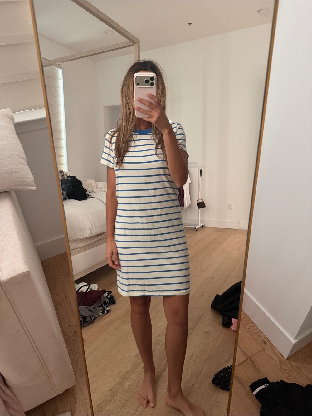 Stateside Striped Short-Sleeve T-Shirt Dress in White and Blue